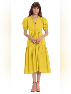 Donna Morgan Yellow Puff Sleeve Tiered Midi Dress - Size 16